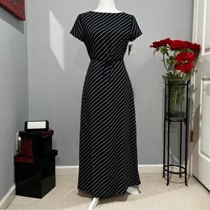 NEW Liz Claiborne Classic Longline Bias Striped Tie Waist Full Draped Maxi Dress